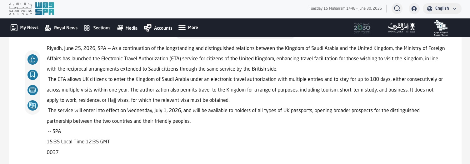 Saudi Arabia’s new ETA system for UK travellers