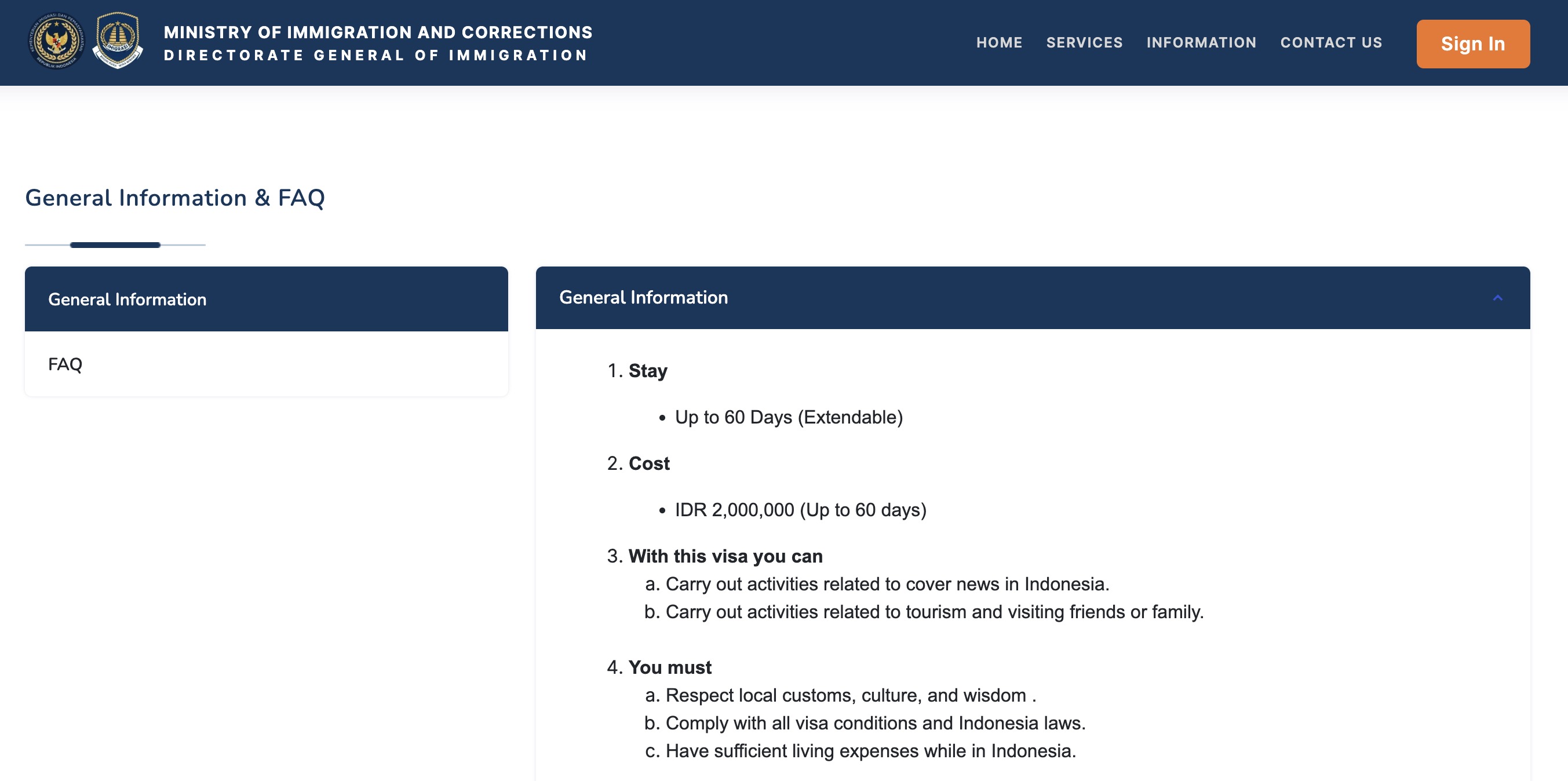 Screenshot of the Indonesian visa catalogue entry for the C5A content creator visa