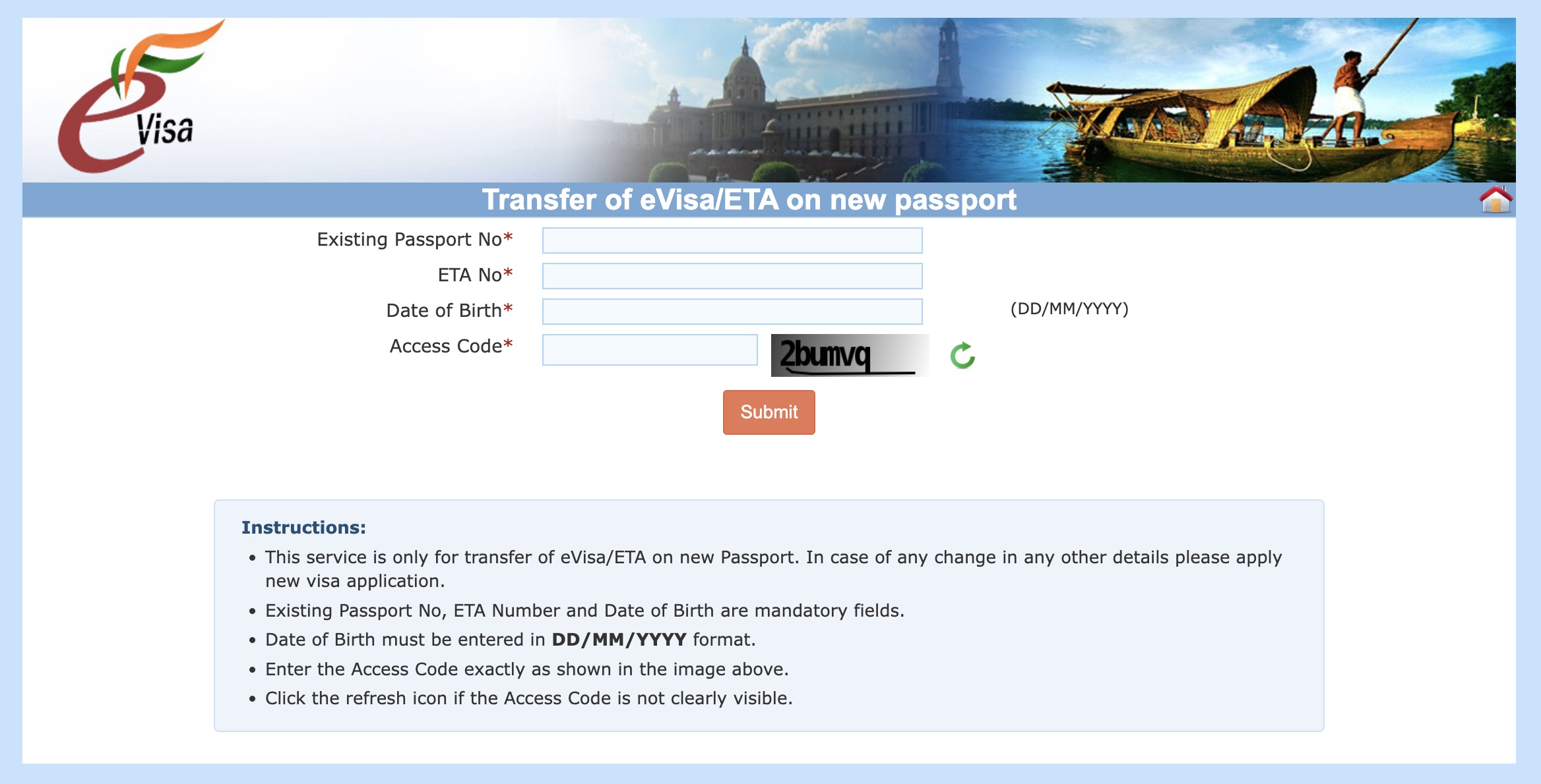 Screenshot of the Indian e-visa portal showing the new transfer service