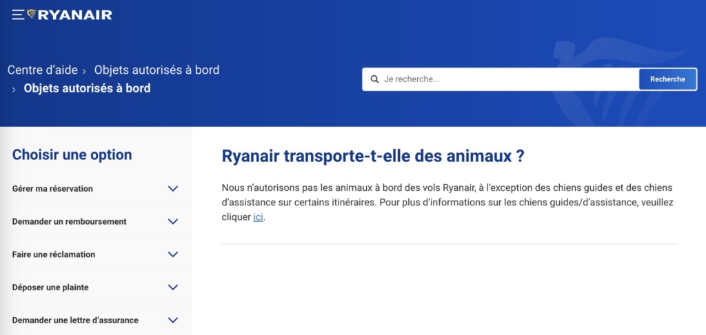 Ryanair pet policy screenshot