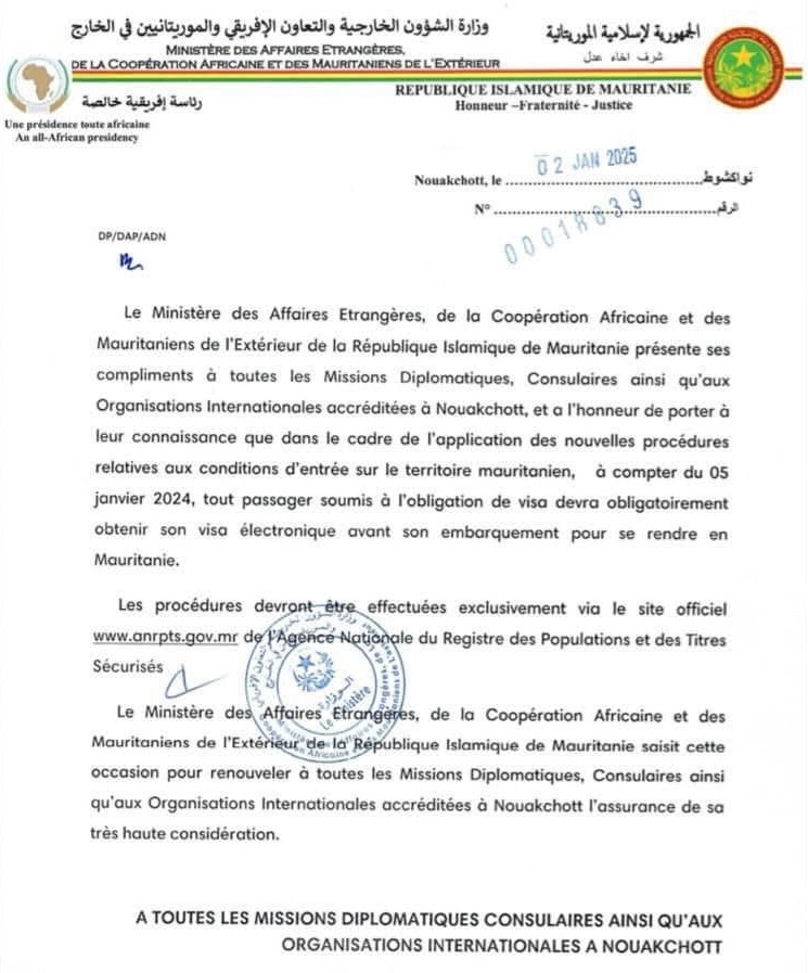 Official Mauritania e-Visa document sample