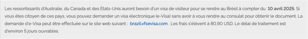 Official notice from Brazil’s Ministry of Foreign Affairs on e-Visa requirements