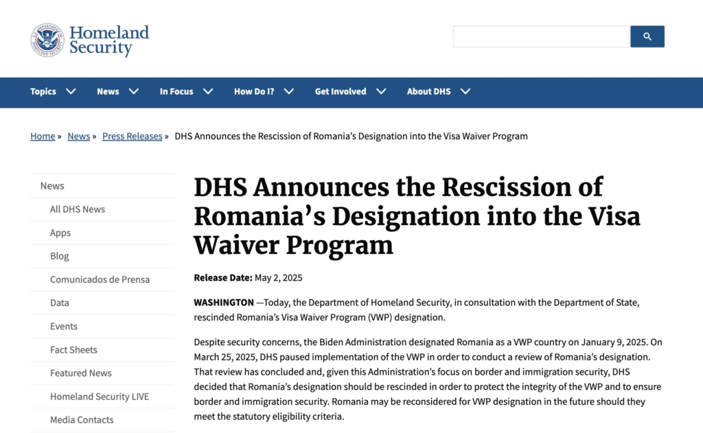DHS announcement screen showing Romania’s suspension from VWP entry