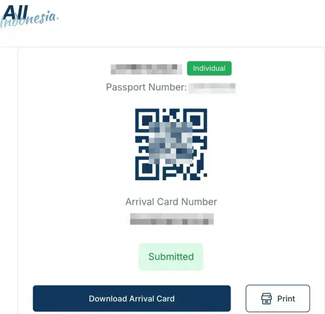 Sample Indonesian Arrival Card layout