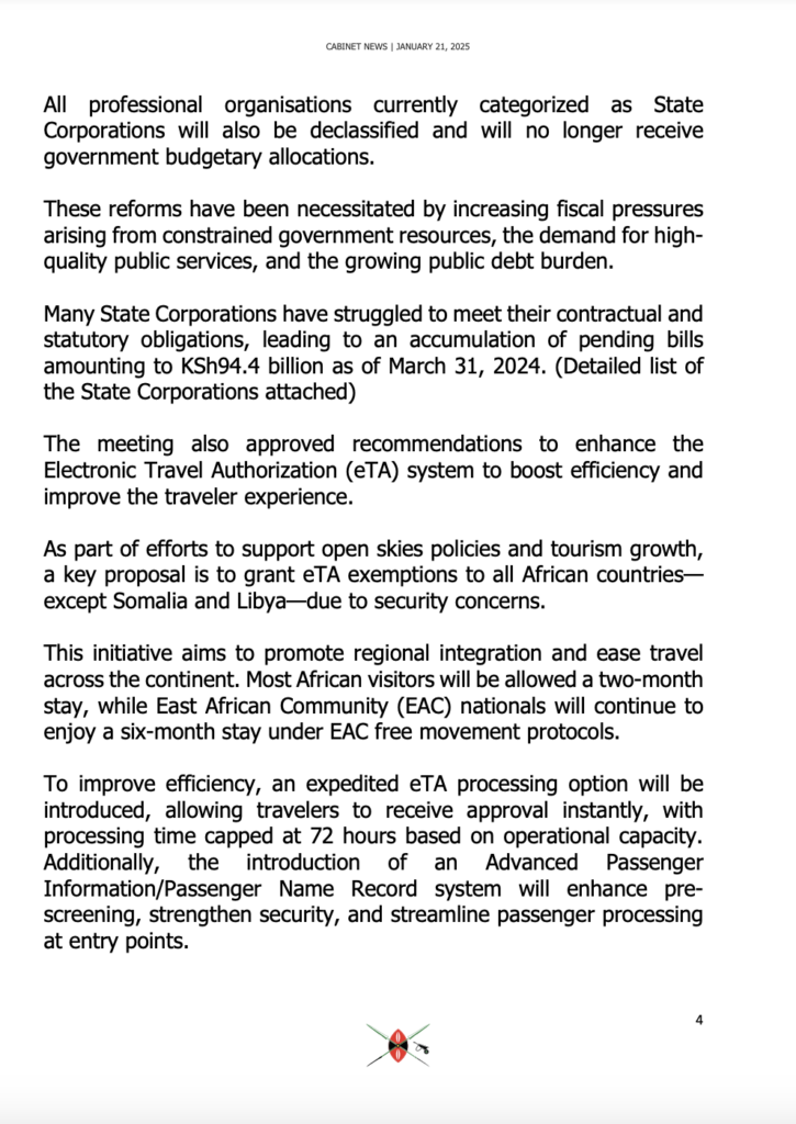 Screenshot of the official Kenyan government announcement
