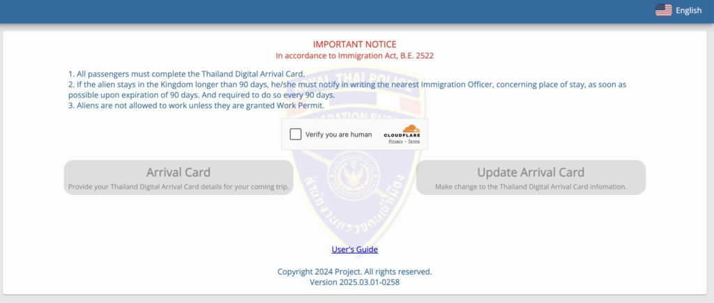 Thailand Digital Arrival Card website homepage