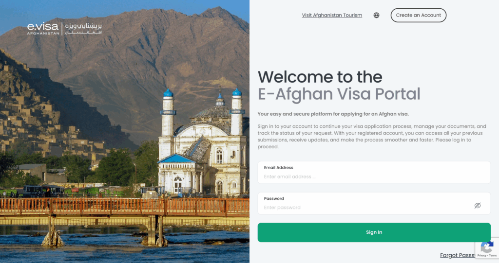 Screenshot of the official E-Afghans visa portal homepage