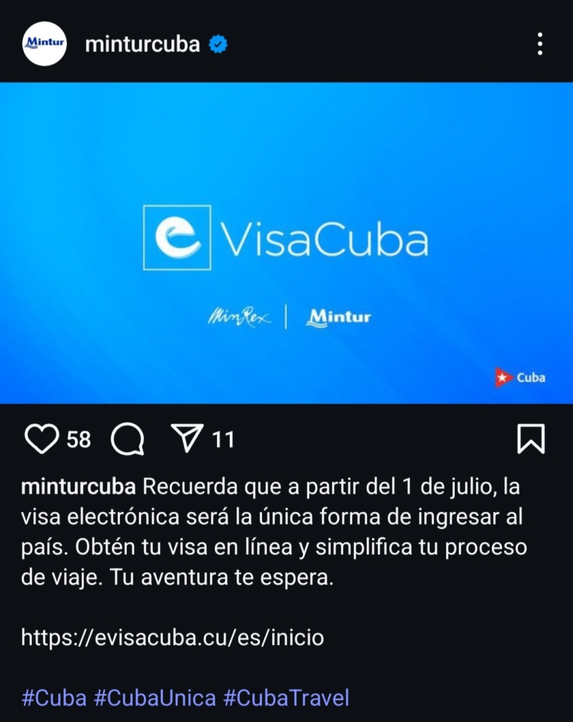 Ministry of Tourism of Cuba Instagram post announcing the electronic visa requirement