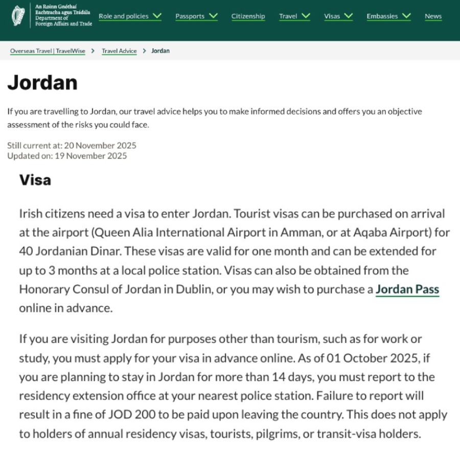 Irish government confirmation of same guidance for Jordan tourists