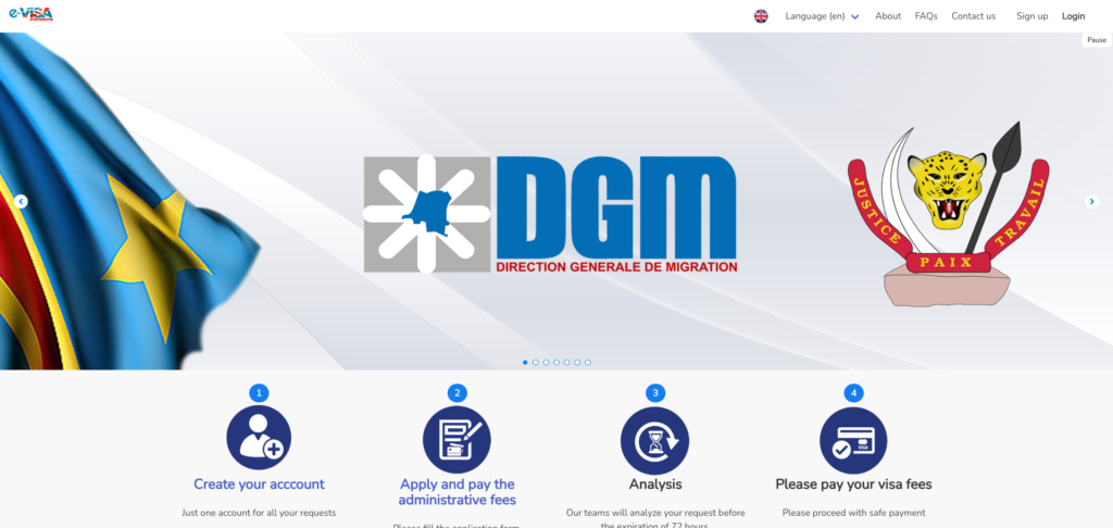 Screenshot of the DRC’s current hybrid e-Visa landing page