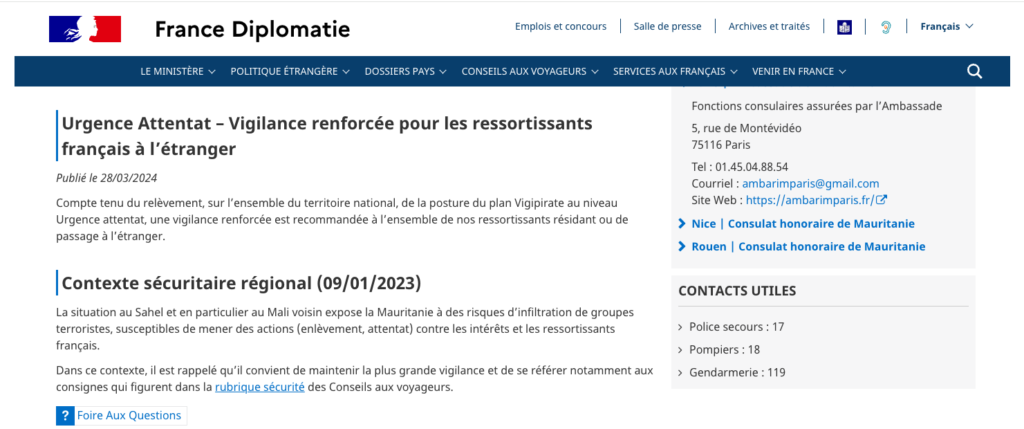 French Ministry of Foreign Affairs Mauritania advisory page screenshot