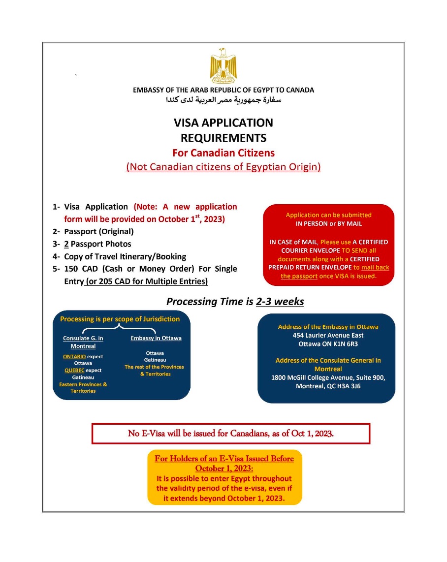Egypt visa announcement posted by Embassy of Egypt, Ottawa