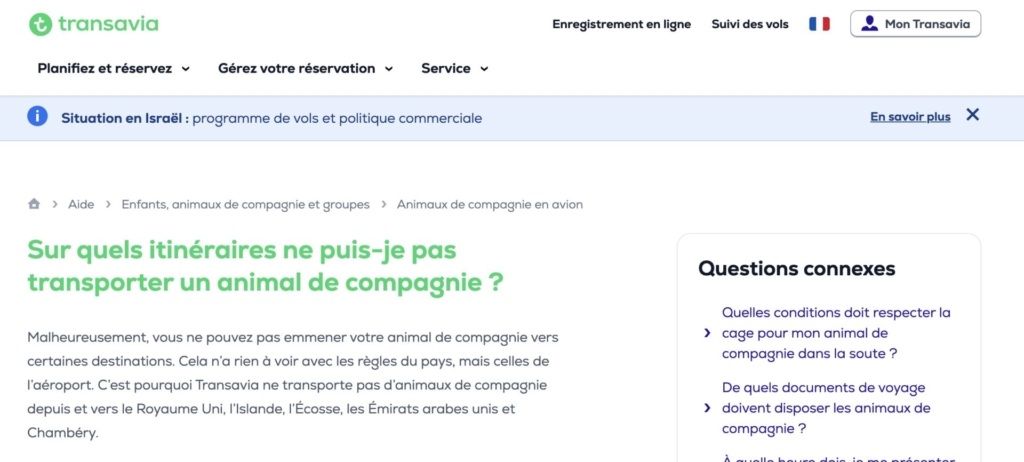 Transavia pet policy and banned airports screenshot