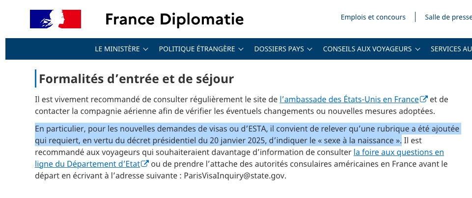 Screenshot of France’s ‘France Diplo' advisory page on entry requirements for the United States
