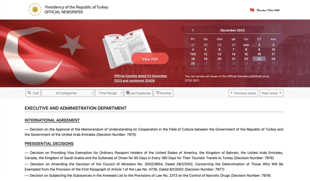 Turkish presidency website confirming visa waiver