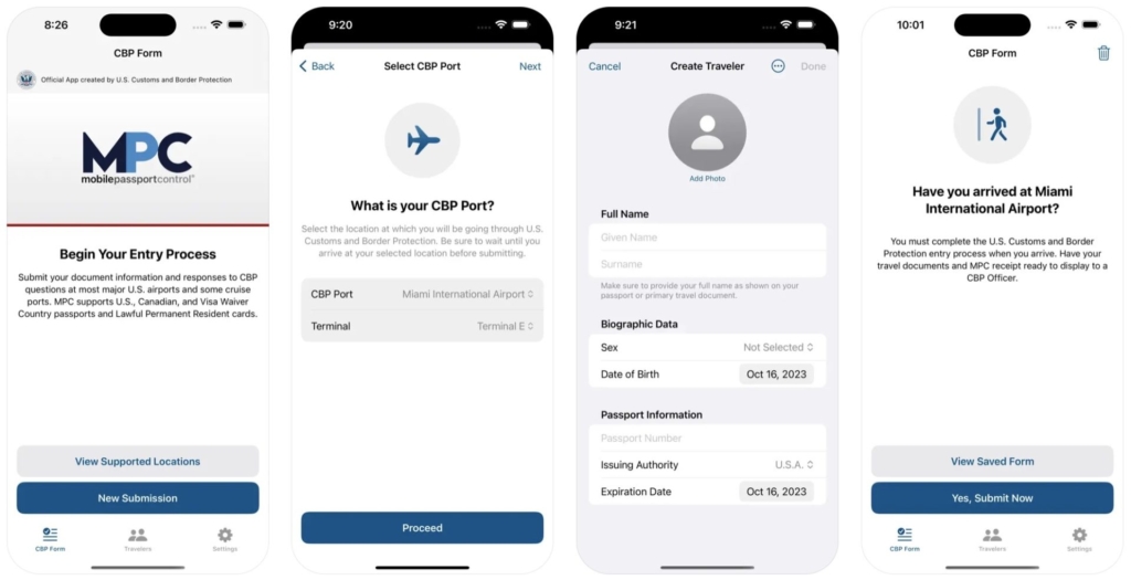 Mobile Passport Control app interface on mobile device
