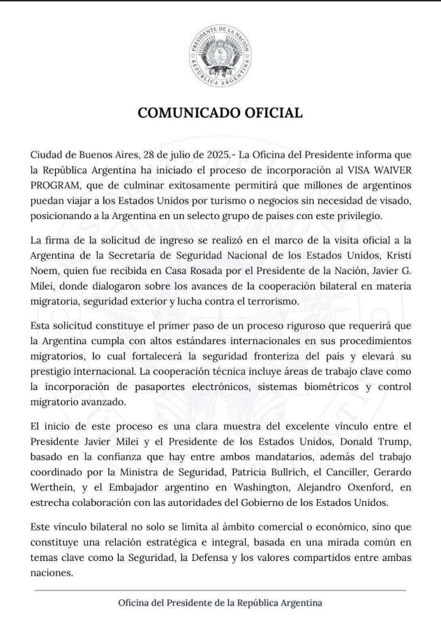 Official announcement document from Argentina regarding its VWP application