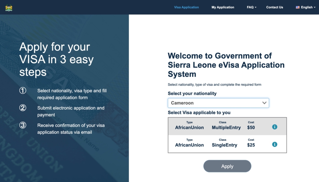 Official Sierra Leone e-Visa website screenshot