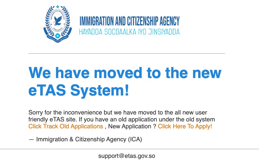 Screenshot showing old evisa.gov.so site now forwarding to etas.gov.so.