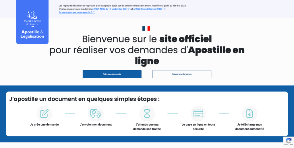 Screenshot of apostille.notaires.fr homepage
