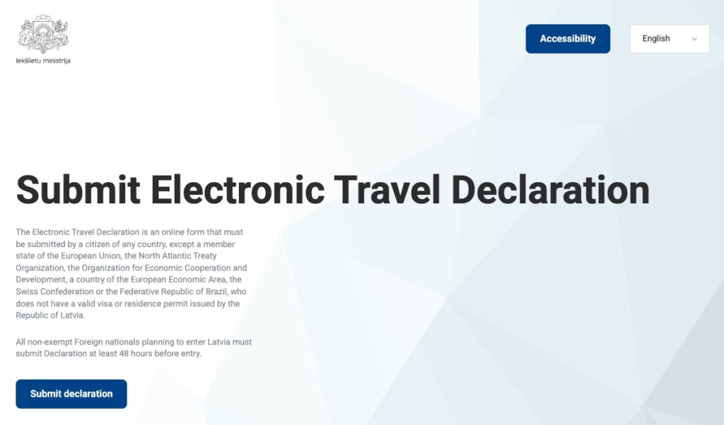 Screenshot of Latvia ETA application portal homepage