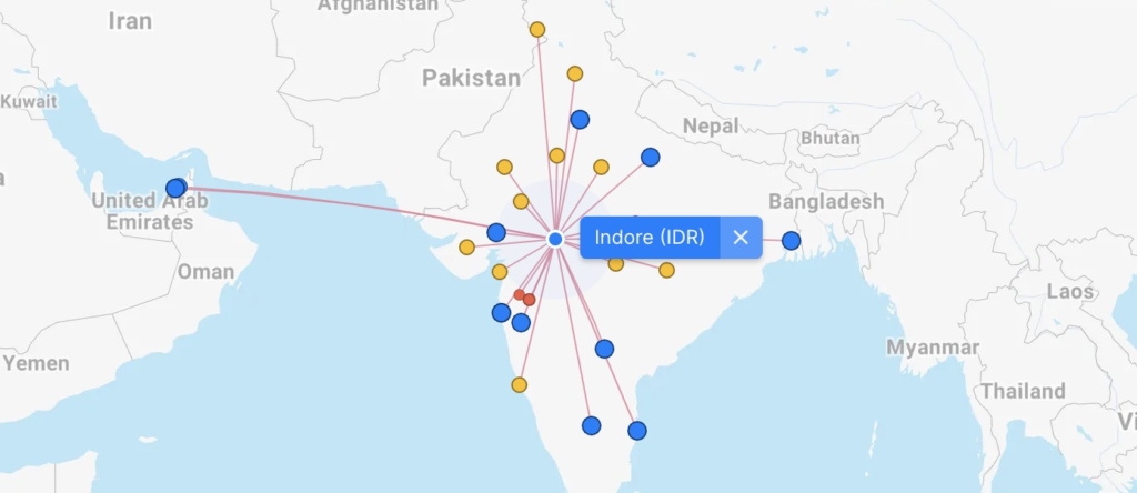 Flight Connections map showing direct routes from Indore