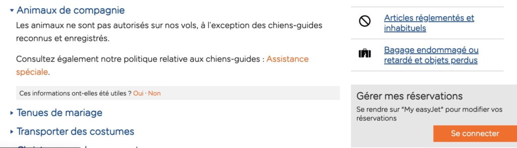 EasyJet pet policy screenshot