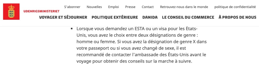 Screenshot of Danish foreign ministry advisory page titled ‘Rejse-og-ophold/rejse-til-udlandet/pas-og-visum/usa'