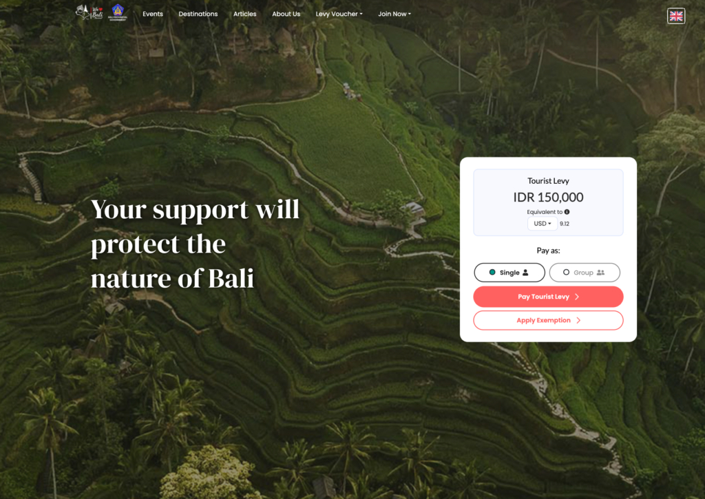Love Bali tourist-tax payment portal displayed on a mobile phone screen