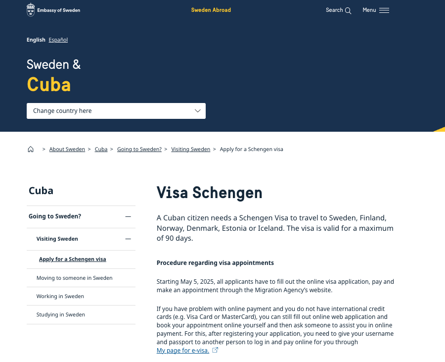 Screenshot of the Swedish embassy in Havana official website